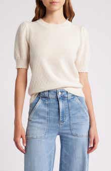 FRAME Puff Sleeve Pointelle Cashmere Sweater