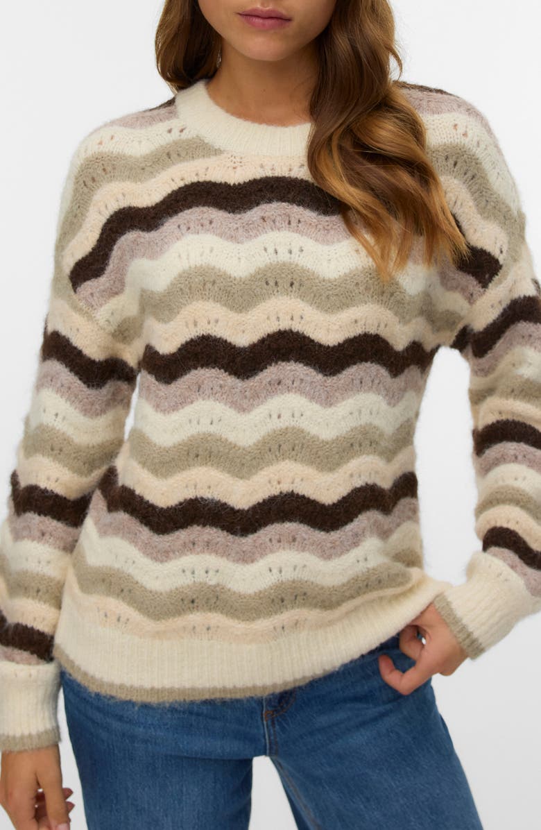 VERO MODA Scallop Open Knit Sweater, Main, color, Birch Stripes