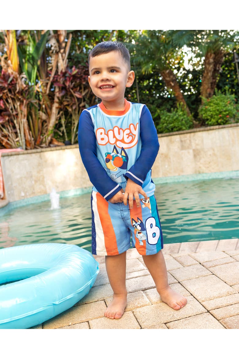 UPF 50+ 2-Piece Rash Guard and Swim Trunks Set, Alternate, color, Bluey Light Blue Navy