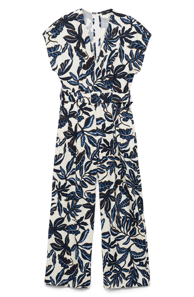 MANGO Print Wide Leg Linen Blend Jumpsuit, Alternate, color, Blue