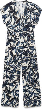 MANGO Print Wide Leg Linen Blend Jumpsuit
