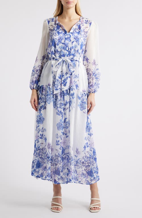 Julia Jordan Placed Print Long Sleeve Maxi Dress In Blue White