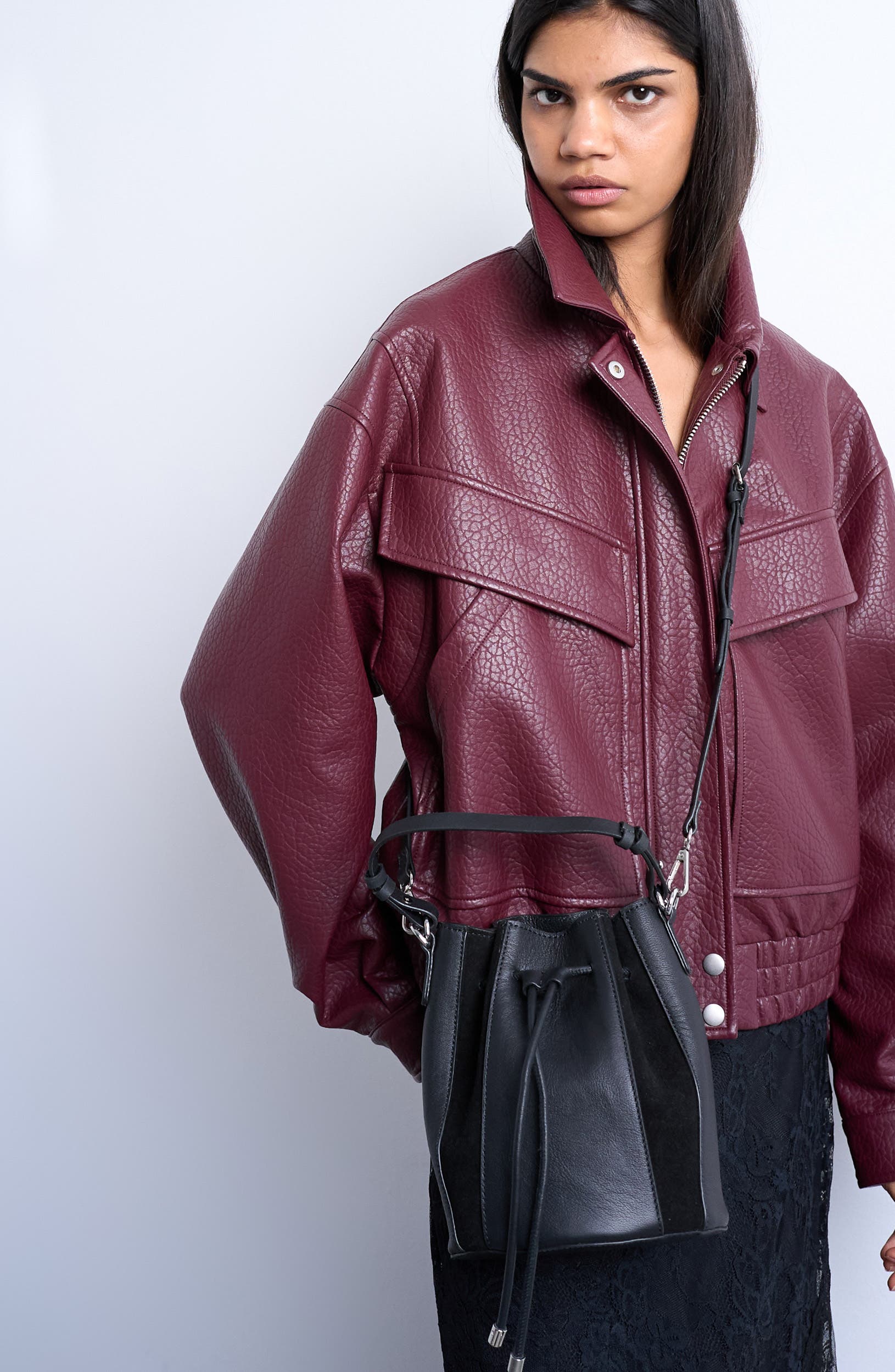 Topshop Colette Leather & Suede Bucket Bag, Alternate, color, Black