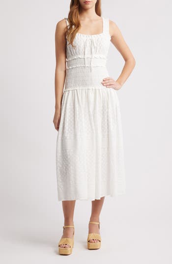 Moon River Embroidered Smocked Cotton Midi Dress In White