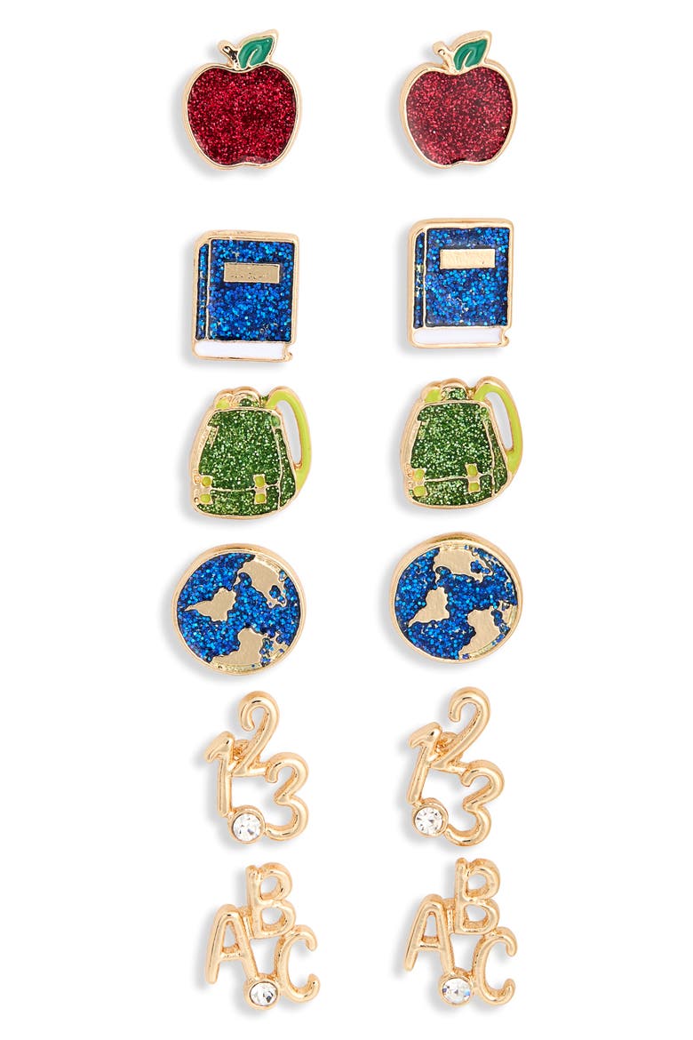 Set of 6 Stud Earrings, Main, color, BLUE MULTI- GOLD