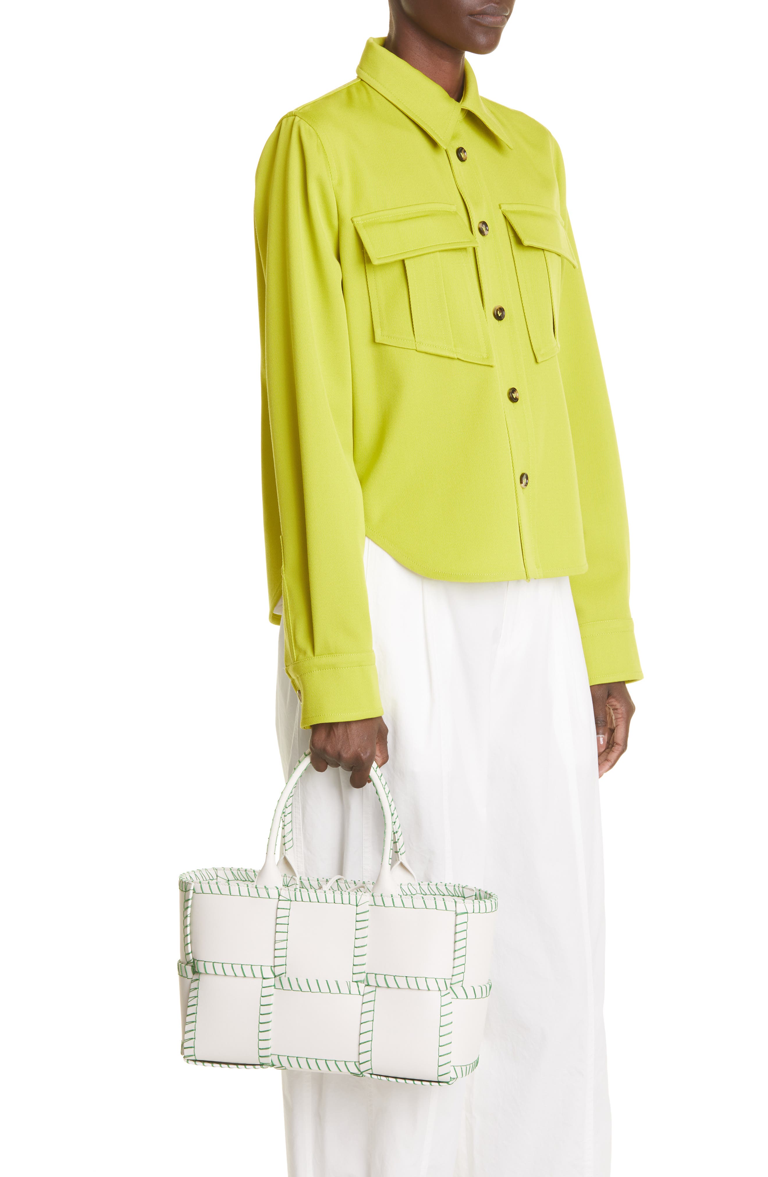 Small Intrecciato Topstitch Leather Tote, Alternate, color, WHITE PARAKEET