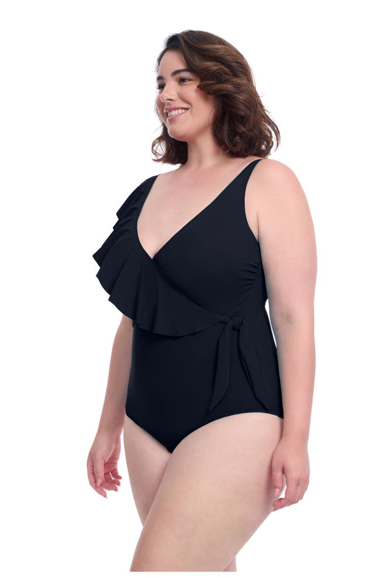 Tutti Frutti Plus Size Ruffle Surplice One Piece, Alternate, color, Black