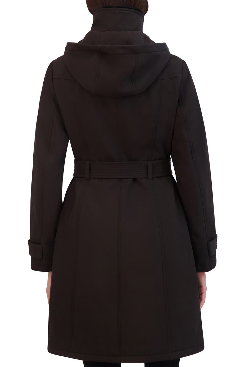 Belted Faux Fur Trim Hooded Coat, Alternate, color, BLACK