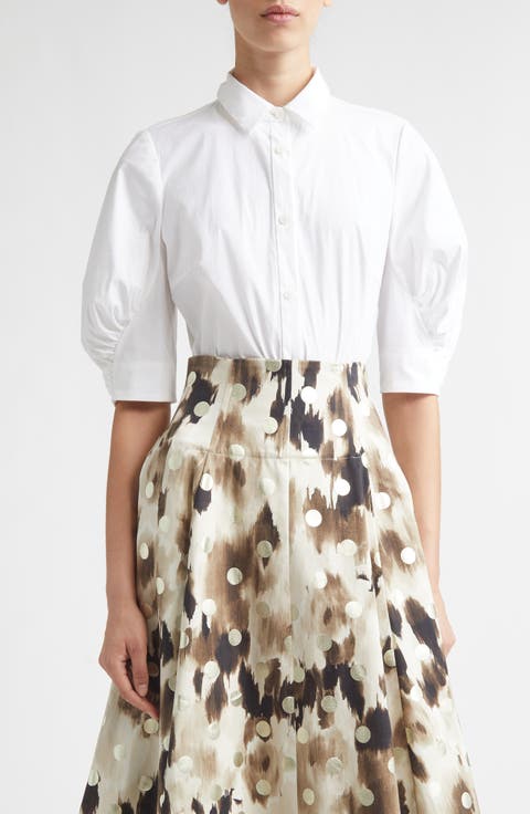 Shirred Puff Sleeve Cotton Blend Shirt