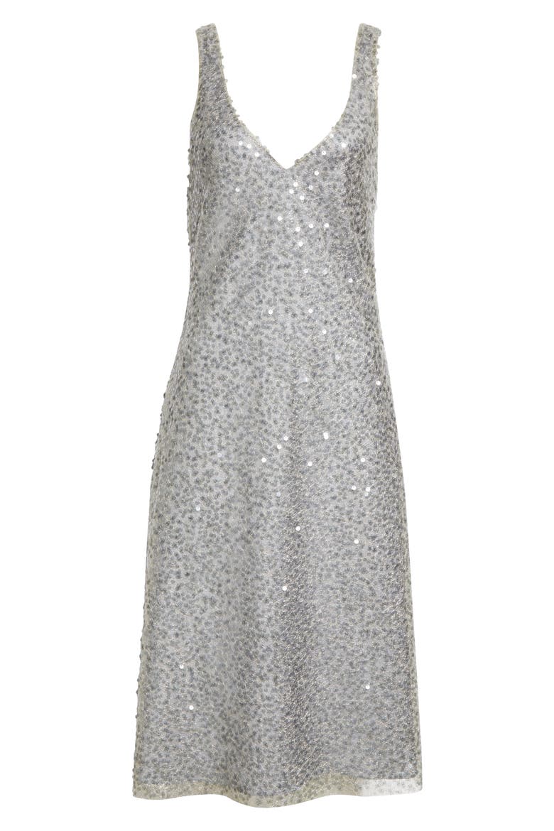 Plunge Neck Sequin Silk Midi Slipdress, Alternate, color, SEA SLATE
