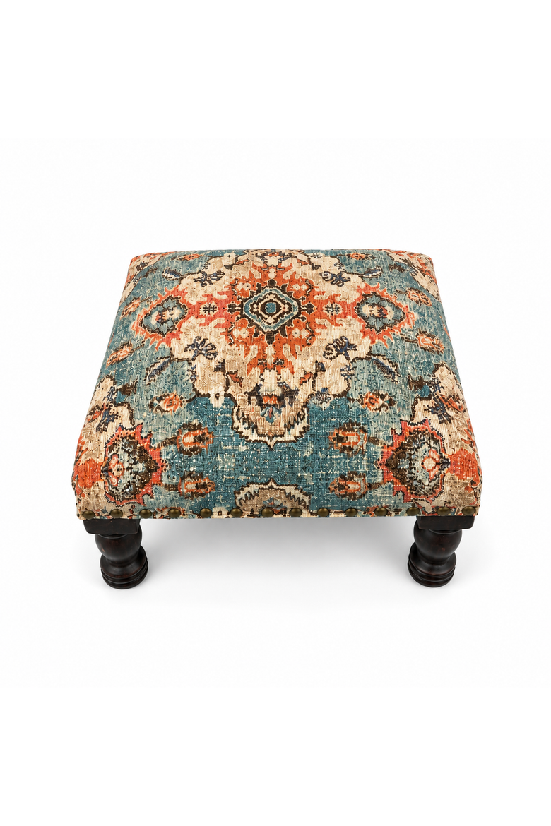 Printed Upholstered Foot Stool with Acacia Wood Frame, Alternate, color, Brown