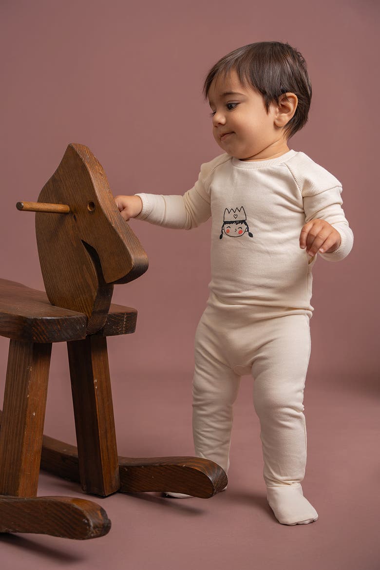 Girl French Fleece Crown Print Long Sleeve Romper, Alternate, color, Cream