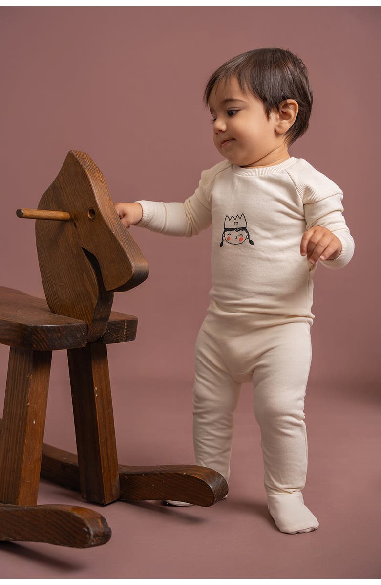 Charlotte & George Girl French Fleece Crown Print Long Sleeve Romper, Alternate, color, Cream