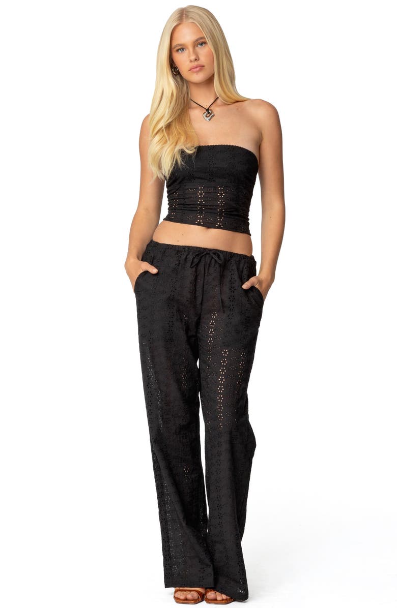 EDIKTED Lemon Eyelet Cotton Drawstring Pants, Alternate, color, Black