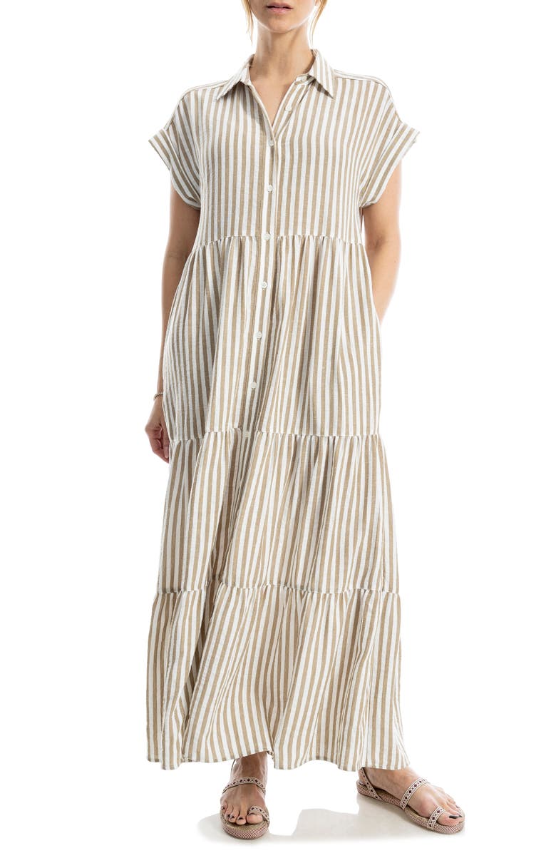 MAX STUDIO Tiered Maxi Shirtdress, Main, color, Beige Stripe/ White