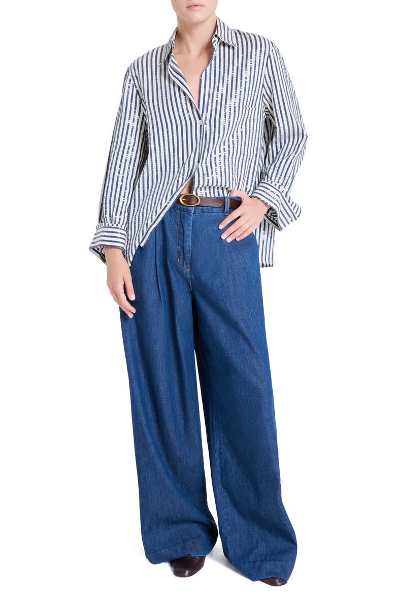 Next Morning Sequin Stripe Button-Up Shirt, Alternate, color, INDIGO / WHITE