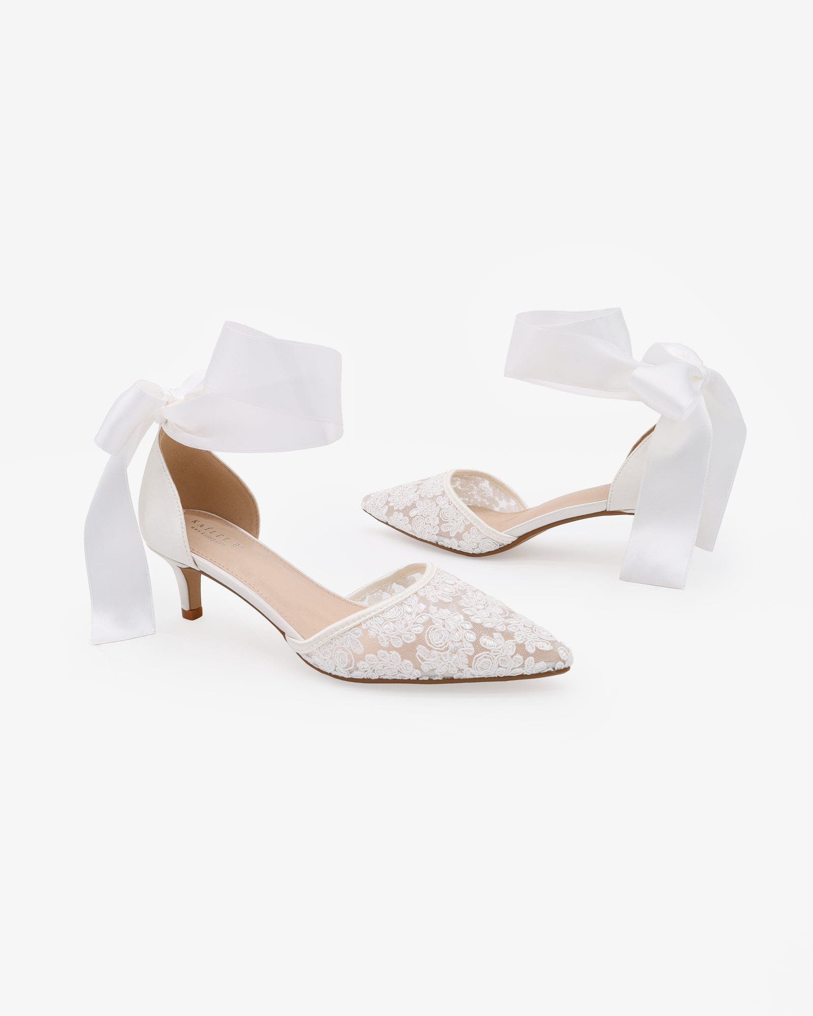 Kailee P Claudia Crochet Lace Pointy Toe Wedding Kitten Low Heel with Wrapped Satin Ribbon Tie, Alternate, color, White