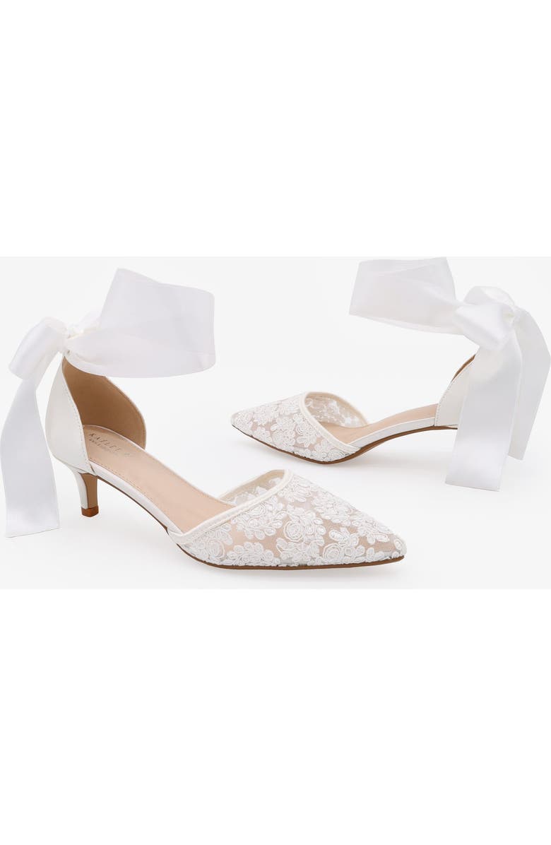 Kailee P Claudia Crochet Lace Pointy Toe Wedding Kitten Low Heel with Wrapped Satin Ribbon Tie, Alternate, color, White