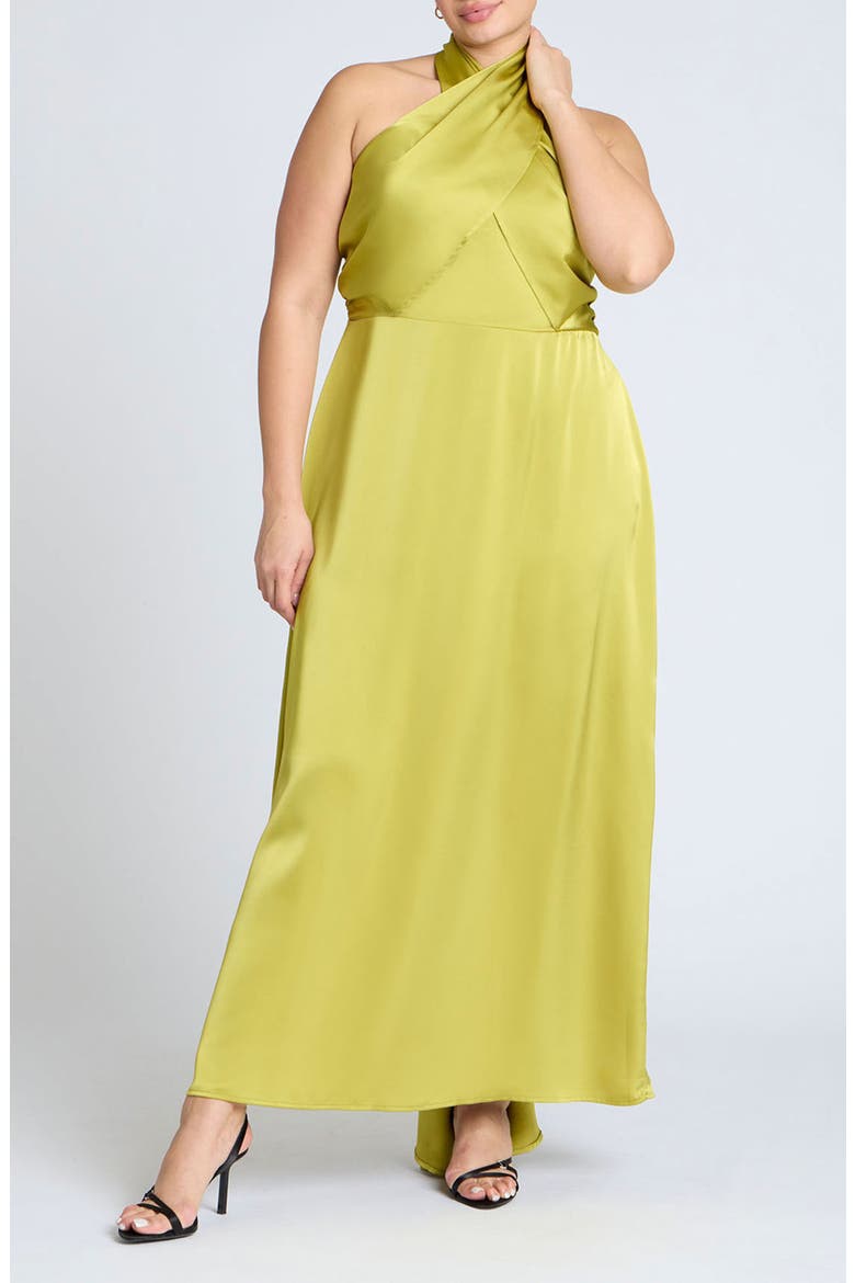 Halter Neck Satin Maxi Dress, Main, color, WARM OLIVE