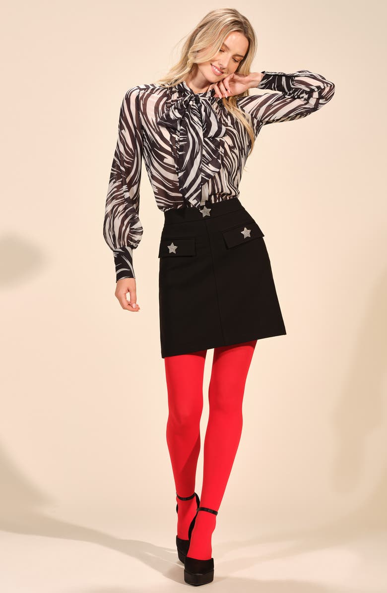 Isaac Mizrahi New York Tie Neck Button-Up Shirt, Alternate, color, Black/ White