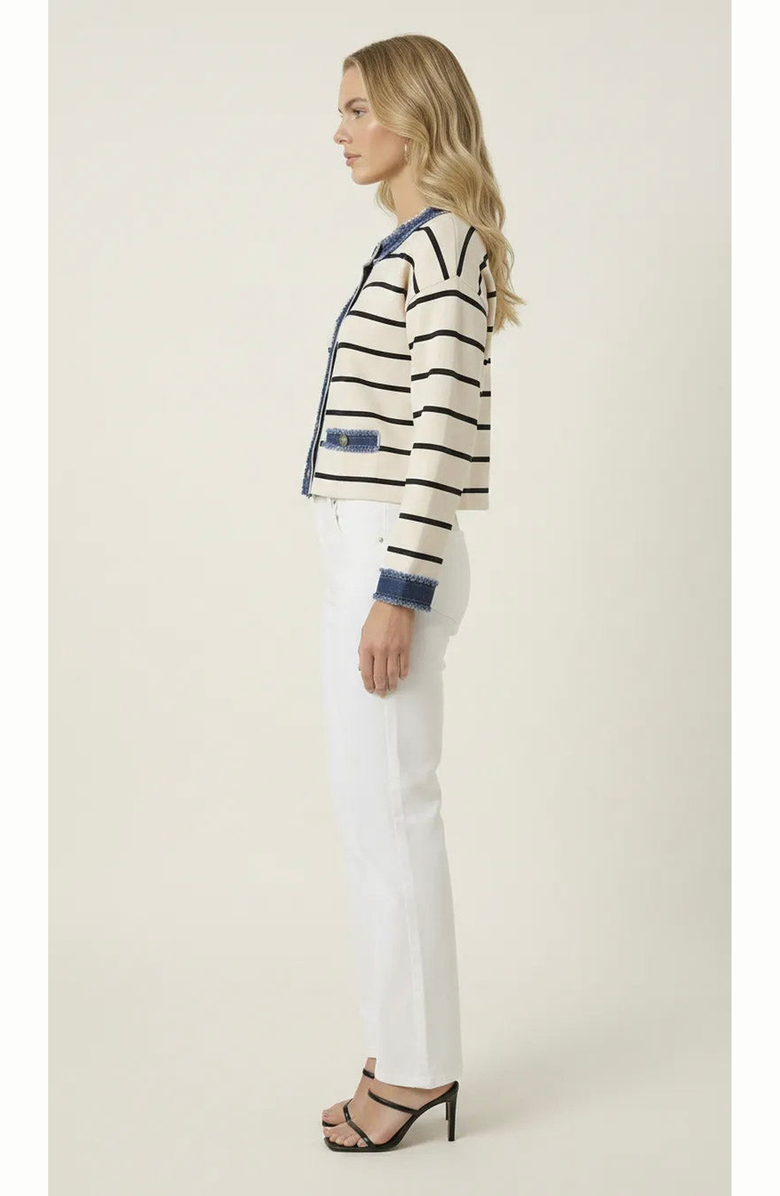 Modenaire Striped Knit Denim Trim Cardigan, Alternate, color, Cream / Navy Blue