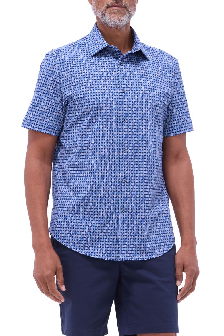 Miles OoohCotton® Geo Print Short Sleeve Button-Up Shirt, Main, color, NIGHT BLUE