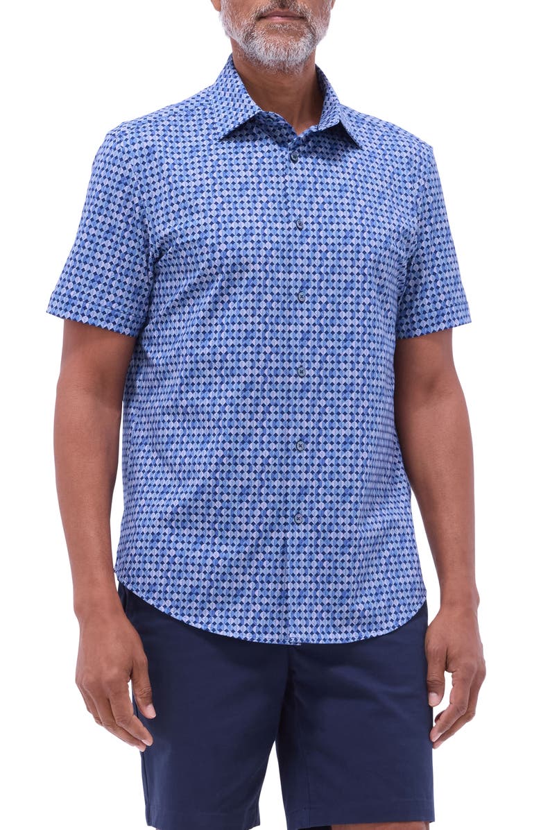 Bugatchi Miles OoohCotton<sup>®</sup> Geo Print Short Sleeve Button-Up Shirt, Main, color, Night Blue