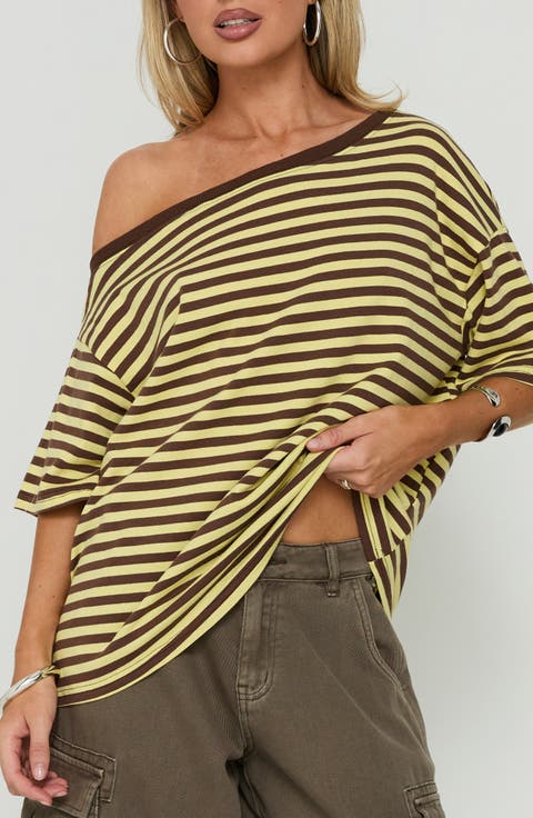 Settle Down Stripe Oversize One-Shoulder Top
