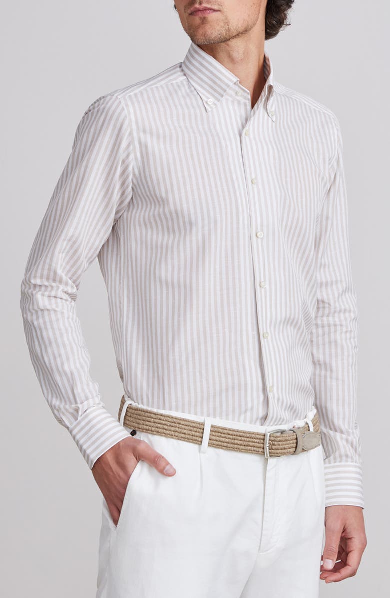 Emanuel Berg Sartorial Stripe Cotton & Linen Dress Shirt, Main, color, Light Pastel Brown
