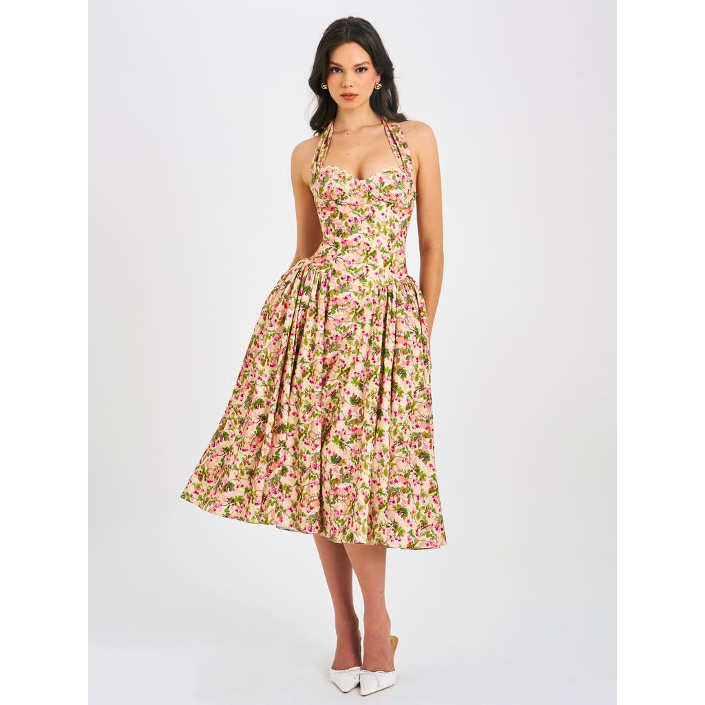 Miss Circle Niya Floral Print Linen Halter Corset Maxi Dress In Brown