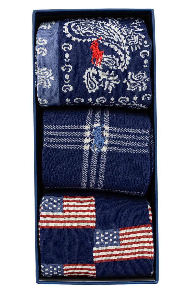 Polo Ralph Lauren Shirting Pattern Assorted 3-Pack Crew Socks, Alternate, color, Navy