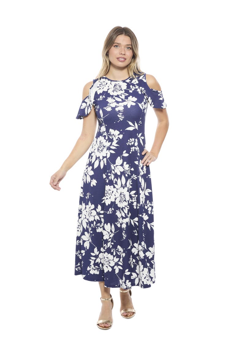 Womens Floral Ruffle Sleeve Cold Shoulder A-Line Maxi Dress, Main, color, Navy Multi