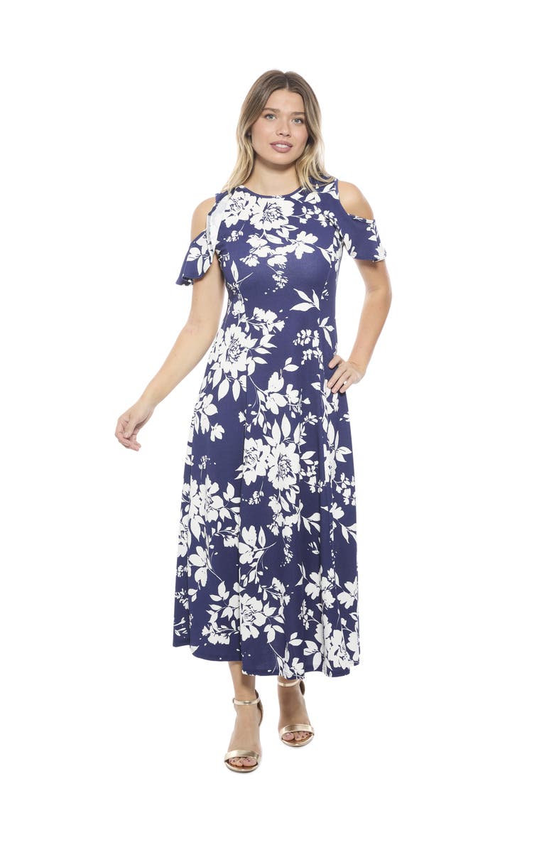 24seven Comfort Apparel Womens Floral Ruffle Sleeve Cold Shoulder A-Line Maxi Dress, Main, color, Navy Multi