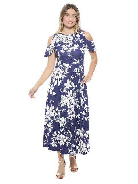 Womens Floral Ruffle Sleeve Cold Shoulder A-Line Maxi Dress