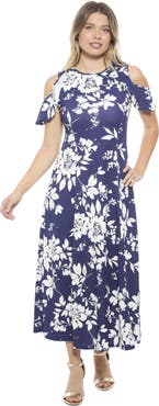 24seven Comfort Apparel Womens Floral Ruffle Sleeve Cold Shoulder A-Line Maxi Dress