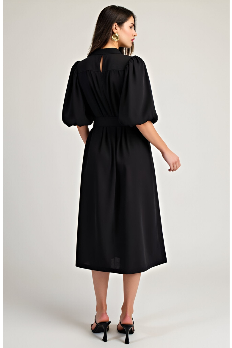 Puff Sleeve Midi Dress with Belt, Alternate, color, Black
