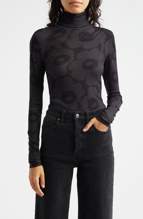 Marimekko Vilina Unikko Wool Rib Turtleneck in Dark Grey Black 