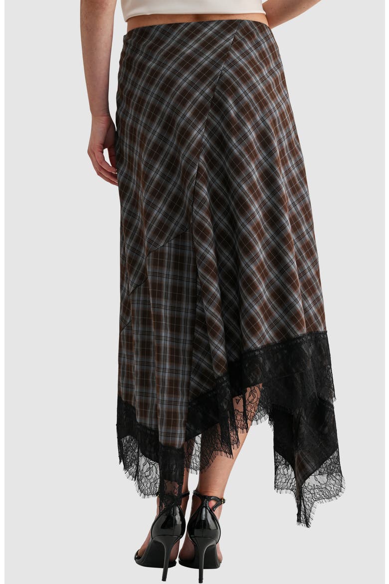 Handkerchief Hem Plaid Midi Skirt with Lace Trim, Alternate, color, BROWN BLUE PLAID