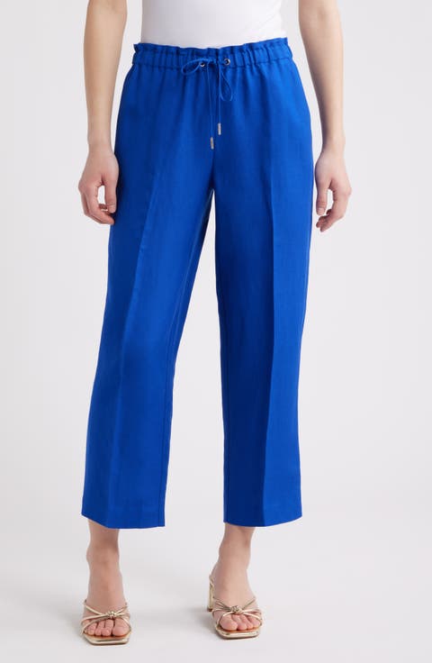 Linen Blend Crop Wide Leg Drawstring Pants