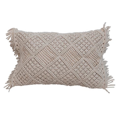 Boho Handwoven Cotton Macramé Lumbar Pillow with Fringe
