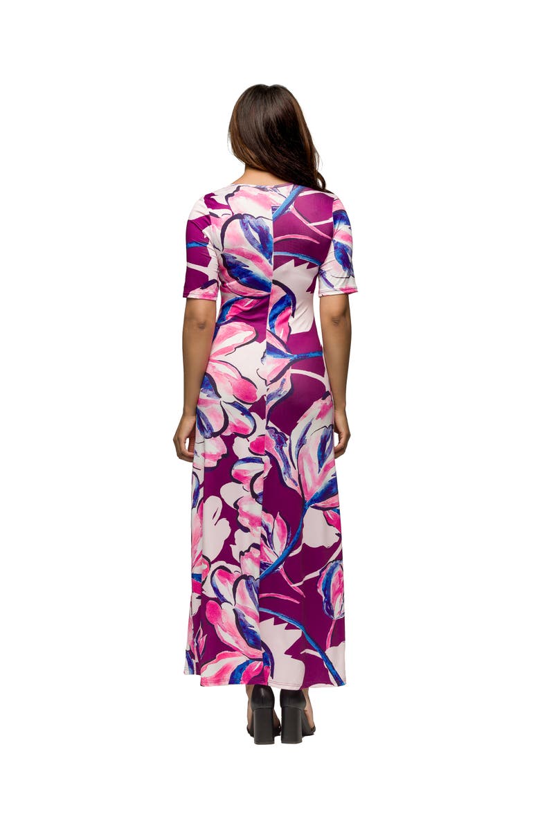 24seven Comfort Apparel Maternity Purple Floral Print Elbow Sleeve Casual A-Line Maxi Dr, Alternate, color, Purple Multi