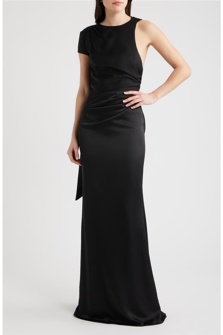 Crista Open Back Satin Mermaid Gown, Main, color, BLACK