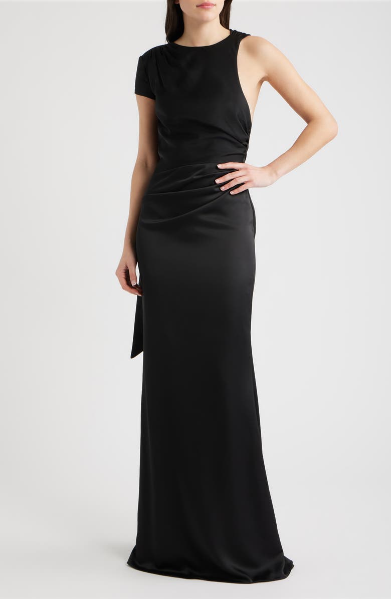Sonya Moda Crista Open Back Satin Mermaid Gown, Main, color, Black