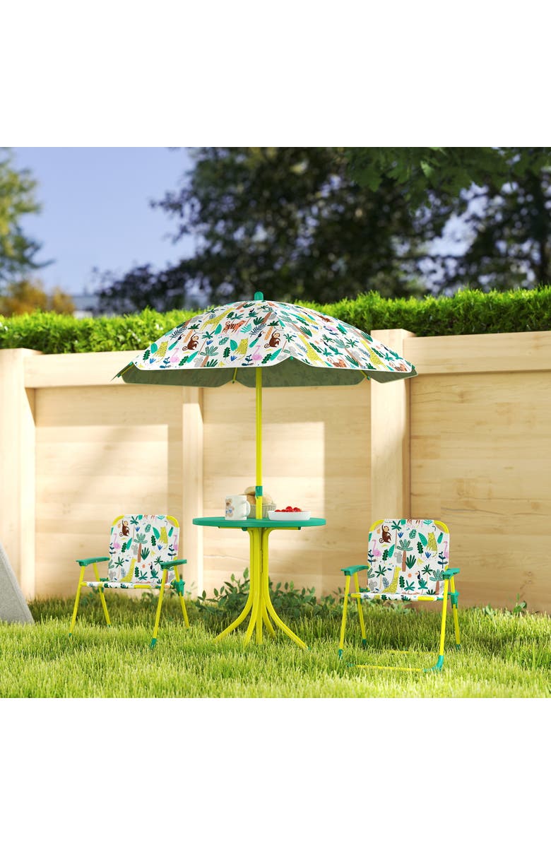 Qaba Kids Outdoor Picnic Table with Folding Chairs and Umbrella, Alternate, color, Green