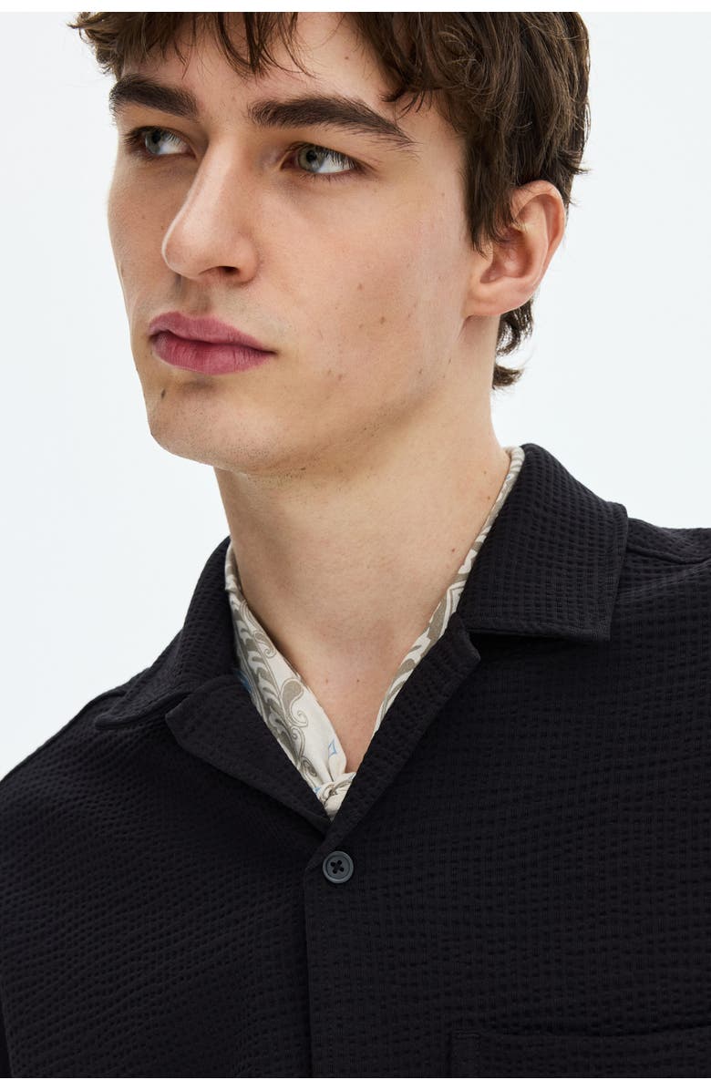 H&M Relaxed Fit Waffled Resort Shirt, Alternate, color, Black