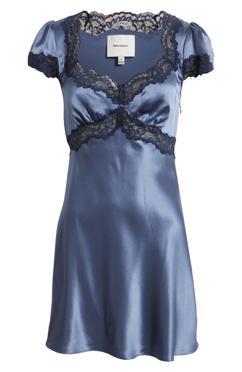 Reformation Romi Lace Detail Silk Minidress, Main, color, Cornflower