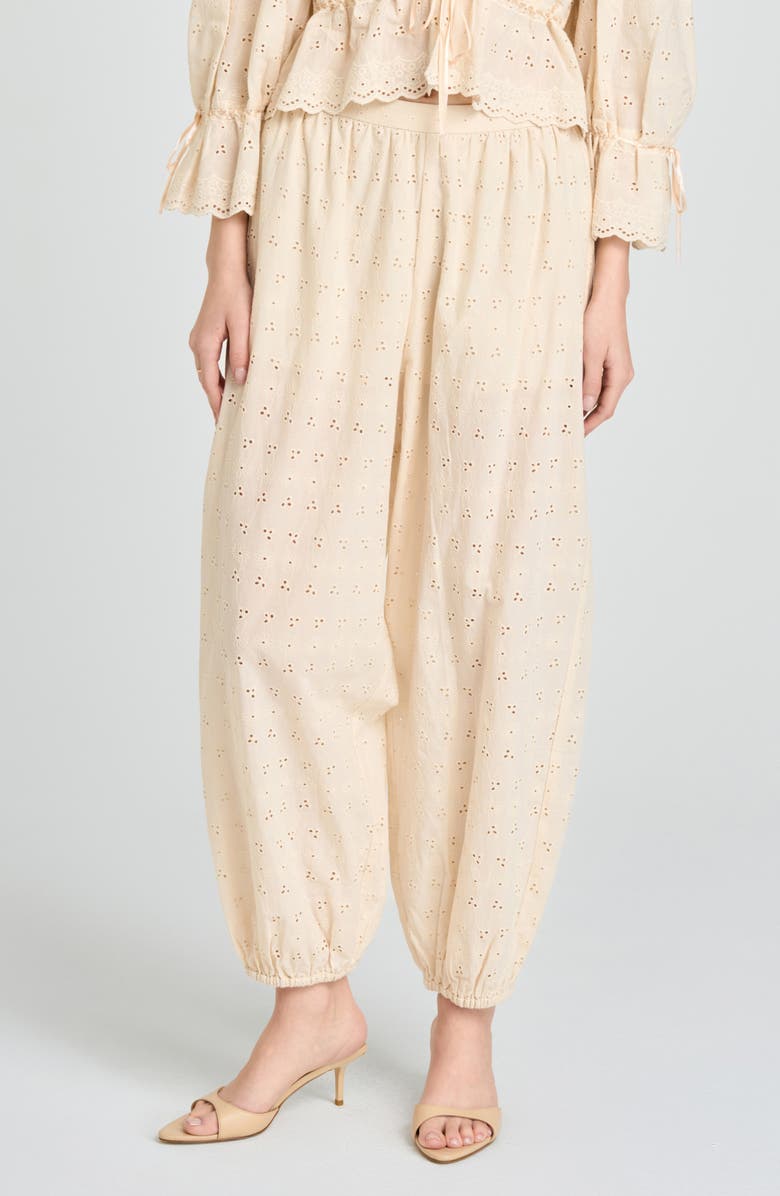 WAYF Jasmine Eyelet Embroidered Cotton Balloon Pants, Main, color, Beige