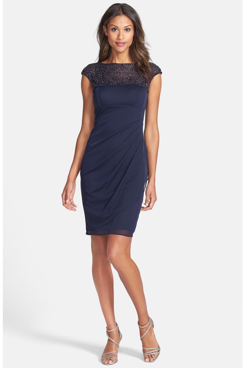 Xscape Beaded Jersey Sheath Dress, Alternate, color, NAVY