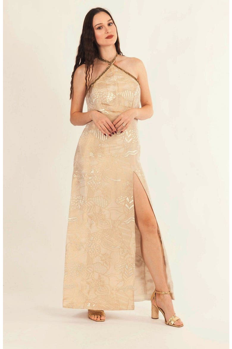 Athena Halter Gown with Slit, Alternate, color, Tan