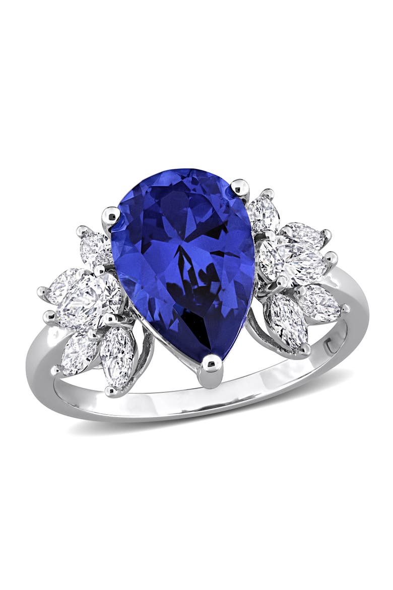 Lab-Created Sapphire & Diamond Floral Ring 18k, Main, color, Sapphire